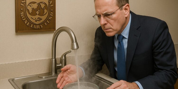 Un funcionario del FMI en un grifo que bota agua tibia a un recipiente de vidrio.