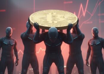 Heroes anónimos sosteniendo una moneda de bitcoin con gráficas rojas en el fondo.