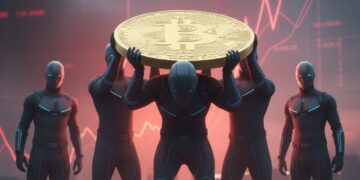 Heroes anónimos sosteniendo una moneda de bitcoin con gráficas rojas en el fondo.