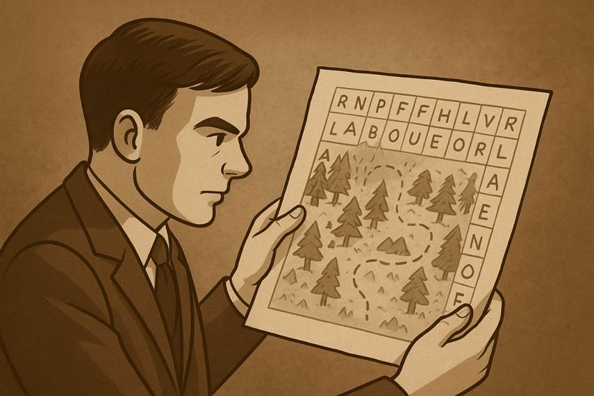 Ilustración sepia en estilo animado donde Turing sostiene un mapa con letras cifradas y un dibujo de bosque, observándolo con atención mientras sigue un camino marcado hacia una “X”.