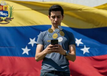 Una persona delante de una bandera de Venezuela sostiene un teléfono en sus manos y de él saltan monedas de USDT.