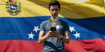 Una persona delante de una bandera de Venezuela sostiene un teléfono en sus manos y de él saltan monedas de USDT.