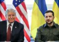 Los rostros de Trump y Zelensky frente a las banderas de Estados Unidos y Ucrania.