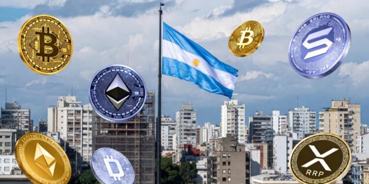 Ciudad con una bandera izada de Argentina y criptomonedas flotando alrededor