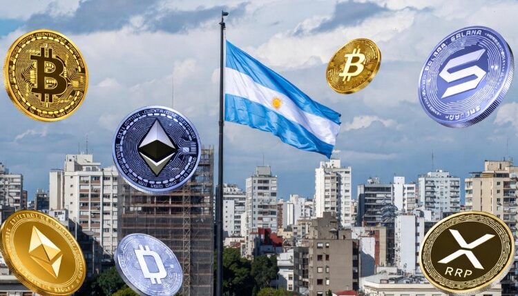 Ciudad con una bandera izada de Argentina y criptomonedas flotando alrededor