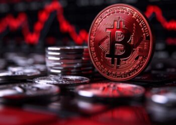 Moneda física de bitcoin dorada con otras monedas alrededor y gráficas en rojo.