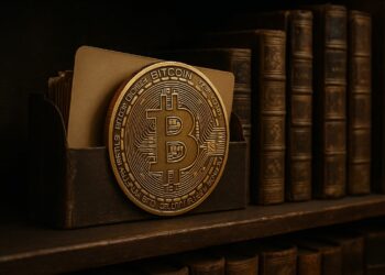 Moneda física de bitcoin dorada en un archivo de biblioteca.