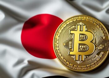 Una moneda física de bitcoin junto a la bandera de Japón.