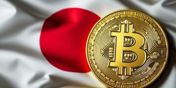 Una moneda física de bitcoin junto a la bandera de Japón.