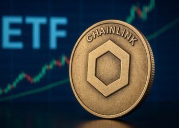 Moneda física de Chainlink y al fondo, una pantalla azul de mercado muestra gráficos de precios en tendencia alcista y las letras grandes “ETF”.
