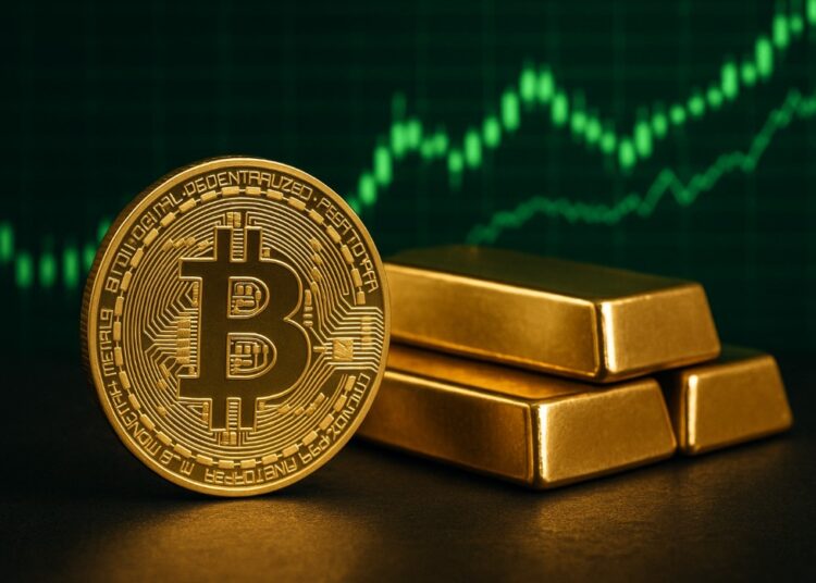 Lingotes de oro junto a una moneda física de bitcoin dorada con gráficos verdes en el fondo.