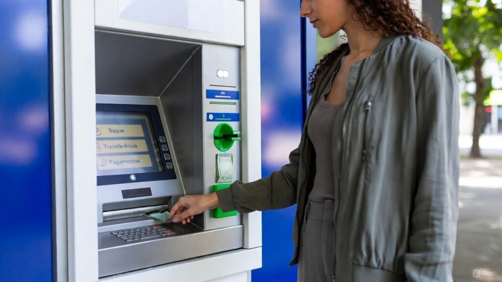 Una persona sacando reales de un cajero automático.