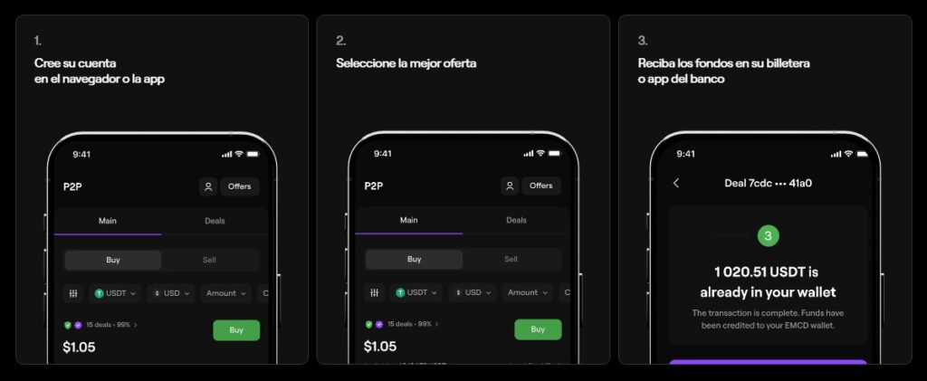 Pantalla app EMCD mostrando proceso P2P para comprar USDT con tarjeta o banco, interfaz oscura de trading cripto en móvil.