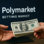 Manos de una persona entregando un fajo de billetes a otra y al fondo una pantalla con el logo de Polymarket.