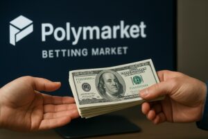 Manos de una persona entregando un fajo de billetes a otra y al fondo una pantalla con el logo de Polymarket.