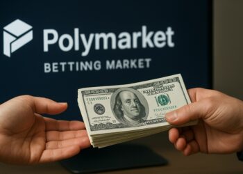 Manos de una persona entregando un fajo de billetes a otra y al fondo una pantalla con el logo de Polymarket.