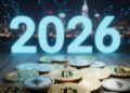 Un 2026 en neón con monedas de bitcoin y otras criptomonedas alrededor.
