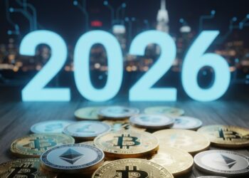 Un 2026 en neón con monedas de bitcoin y otras criptomonedas alrededor.