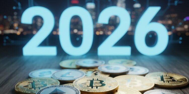 Un 2026 en neón con monedas de bitcoin y otras criptomonedas alrededor.