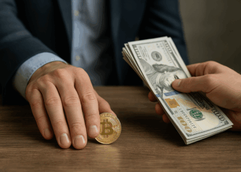 Un hombre con traje apoya una moneda física dorada de bitcoin sobre una mesa de madera, mientras otra mano frente a él le entrega un fajo grueso de billetes de 100 dólares estadounidenses. Solo se ven las manos, la mesa y el intercambio, en un ambiente de oficina sobrio.