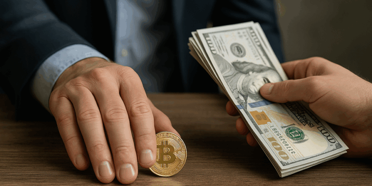 Un hombre con traje apoya una moneda física dorada de bitcoin sobre una mesa de madera, mientras otra mano frente a él le entrega un fajo grueso de billetes de 100 dólares estadounidenses. Solo se ven las manos, la mesa y el intercambio, en un ambiente de oficina sobrio.