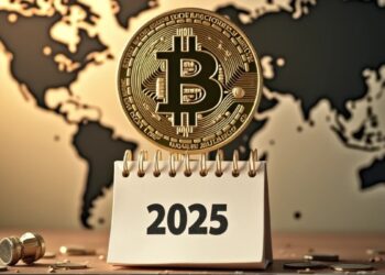 mapa mundo en un fondo amarillento con una moneda de bitcoin en primer plano y debajo un calendario de 2025