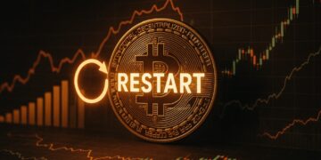 Moneda física de bitcoin dorada con la palabra "restart" y gráficas en el fondo.