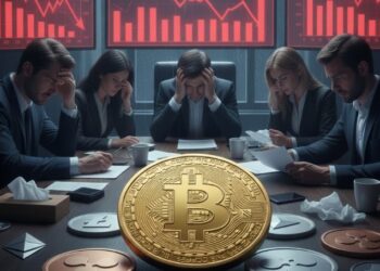 Inversionistas reunidos en una mesa con bitcoin y otras criptomonedas y pantallas con gráficas en rojo.