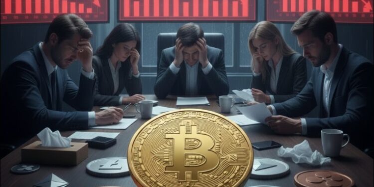 Inversionistas reunidos en una mesa con bitcoin y otras criptomonedas y pantallas con gráficas en rojo.