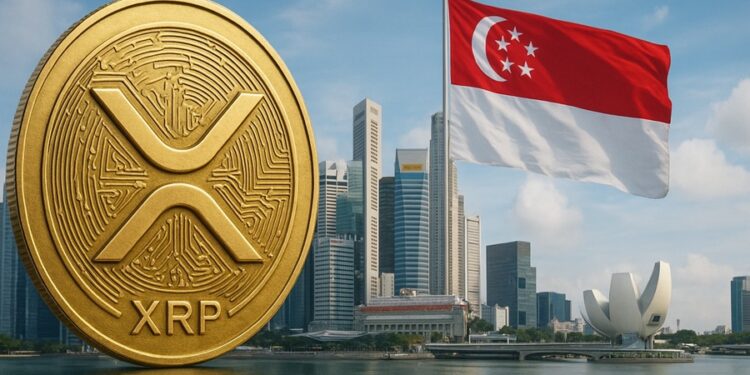 Una moneda dorada de XRP, detrás se aprecian rascacielos junto a la bandera roja y blanca de Singapur.