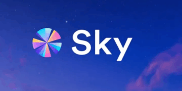 El logo de la criptomoneda sky sobre un cielo violeta.