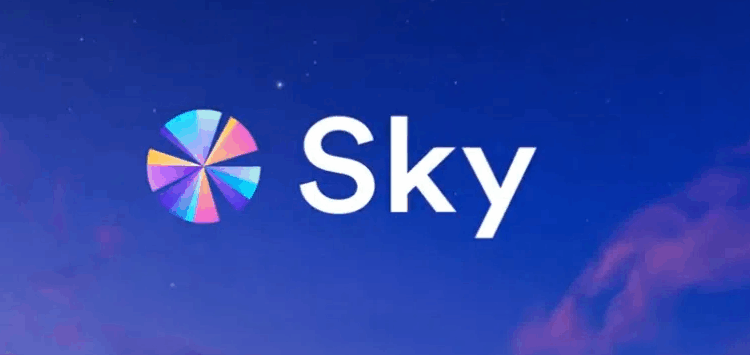 El logo de la criptomoneda sky sobre un cielo violeta.