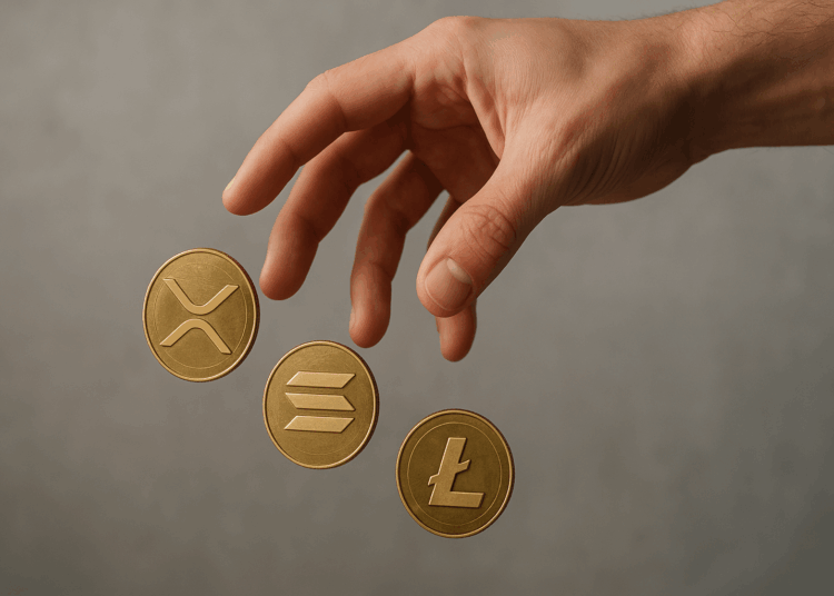Mano humana vista en primer plano dejando caer tres monedas físicas doradas que representan los ETF de XRP, solana y litecoin.