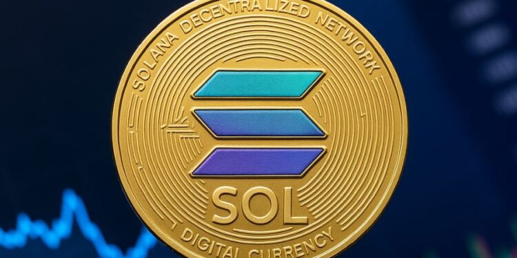 Una moneda dorada de Solana sobre gráficos de precios.