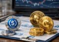 Varias monedas físicas representando stablecoins sobre un escritorio financiero.