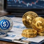 Varias monedas físicas representando stablecoins sobre un escritorio financiero.