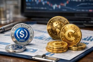 Varias monedas físicas representando stablecoins sobre un escritorio financiero.
