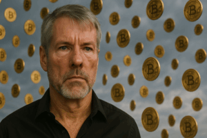 Michael Saylor en primer plano y una "lluvia de bitcoin" en el fondo.