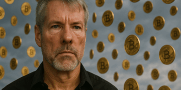 Michael Saylor en primer plano y una "lluvia de bitcoin" en el fondo.