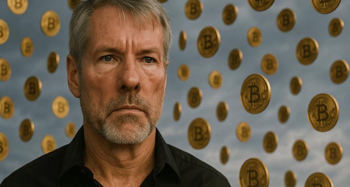 Michael Saylor en primer plano y una "lluvia de bitcoin" en el fondo.