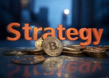 Monedas físicas de bitcoin debajo de la palabra Strategy.