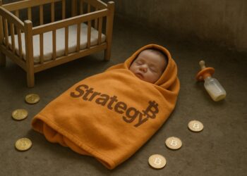 Un bebé envuelto en una manta que tiene el logo de Strategy, junto a monedas de bitcoin alrededor, en un cuarto con una cuna y un biberón.