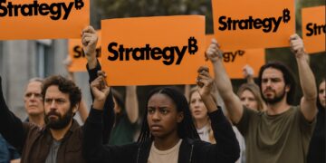 Personas protestando con carteles que muestran el logo de Strategy.