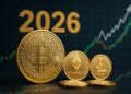 Monedas físicas doradas de bitcoin, ether y litecoin con un 2026 en el fondo y gráficas de mercado.