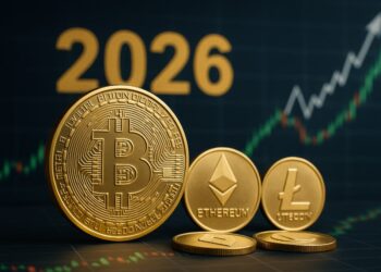 Monedas físicas doradas de bitcoin, ether y litecoin con un 2026 en el fondo y gráficas de mercado.