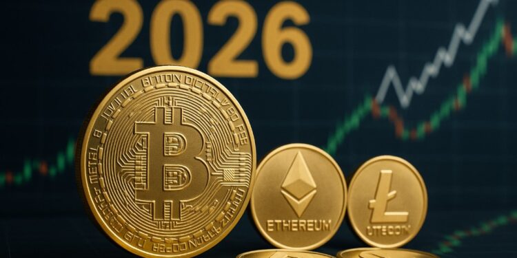 Monedas físicas doradas de bitcoin, ether y litecoin con un 2026 en el fondo y gráficas de mercado.