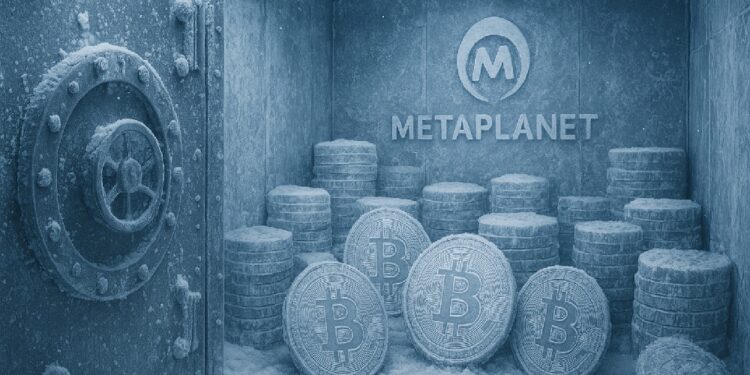 Bóveda metálica congelada con pilas de monedas físicas de bitcoin cubiertas de hielo.