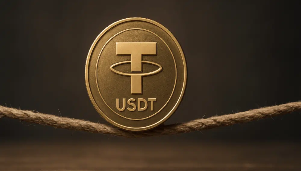 Una moneda física de USDT hecha de metal dorado, equilibrada sobre una cuerda floja de fibras gruesas.