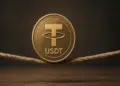 Una moneda fรญsica de USDT hecha de metal dorado, equilibrada sobre una cuerda floja de fibras gruesas.