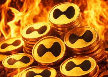 Monedas físicas con el logo de hyperliquid rodeadas de fuego.